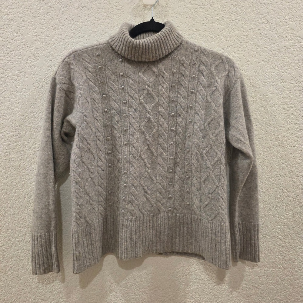 Charter Club Luxury Cashmere Sweater Womens PM Gray Cable Knit Bobble Turtleneck